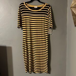 NTW Lularoe Julia dress in mustard & black stripe. Sz L. Super soft & stretchy.